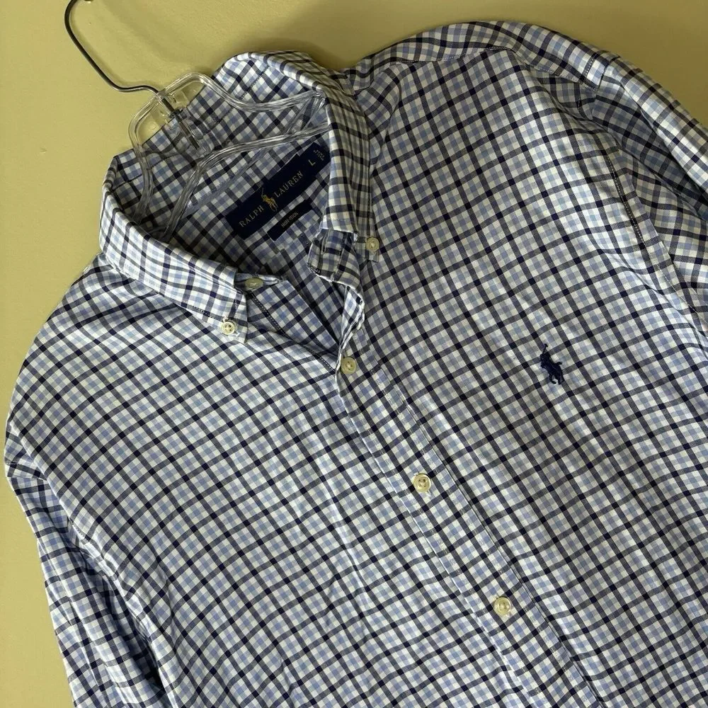 Mens Ralph Lauren Large Collared Dress Shirt Blue‎ Checkered Horse Polo Logo